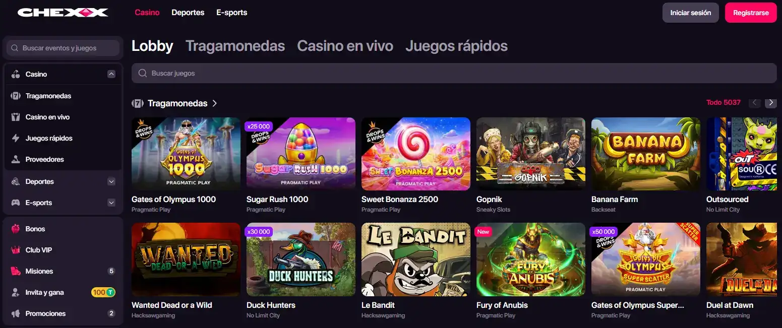Catálogo real de casino CHEXX con categorías y proveedores