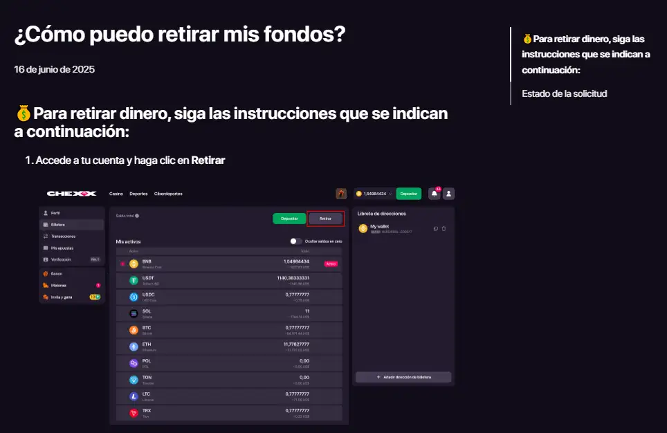 Pasos reales para retirar fondos en el Centro de ayuda de CHEXX
