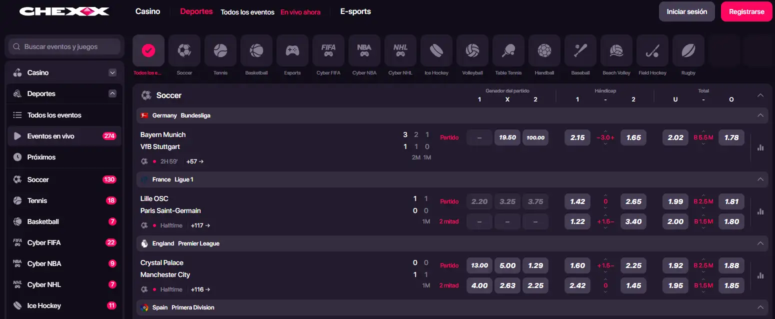 Interfaz real del sportsbook de CHEXX en español