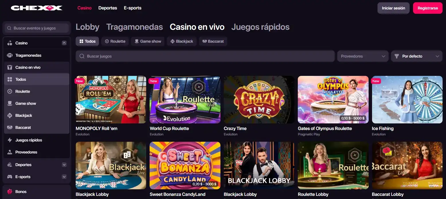 Categoría real de casino en vivo CHEXX en español
