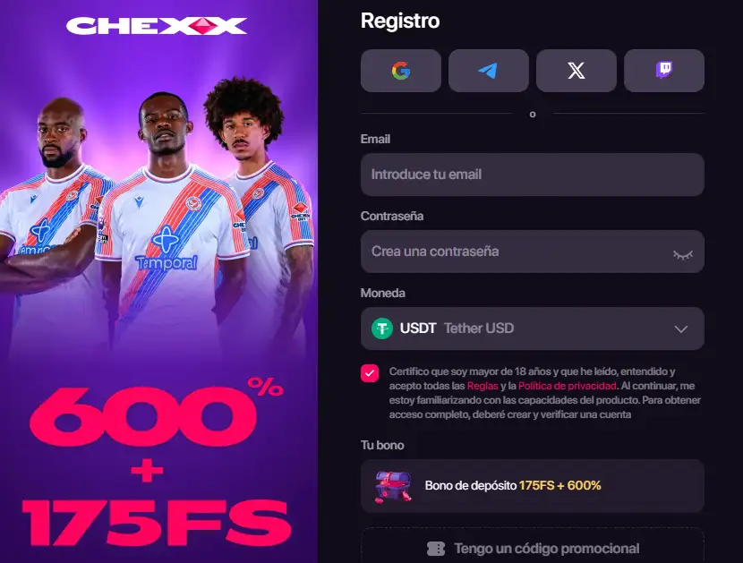 Pantalla real de registro o verificación de cuenta de CHEXX