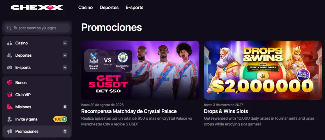 Pantalla actual de bonos de CHEXX con tarjetas promocionales