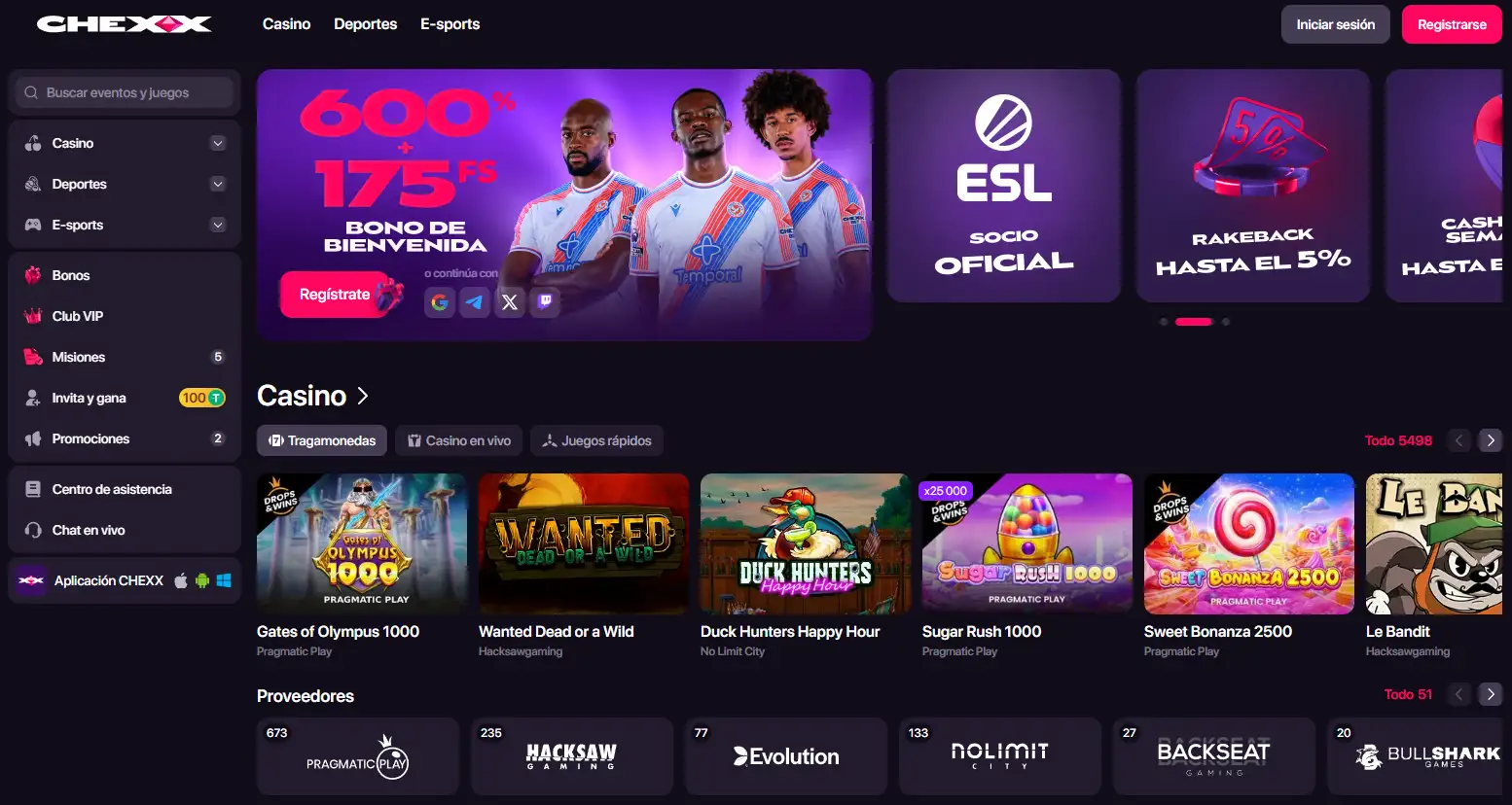 Cabecera real de CHEXX en español con acceso a casino y deportes