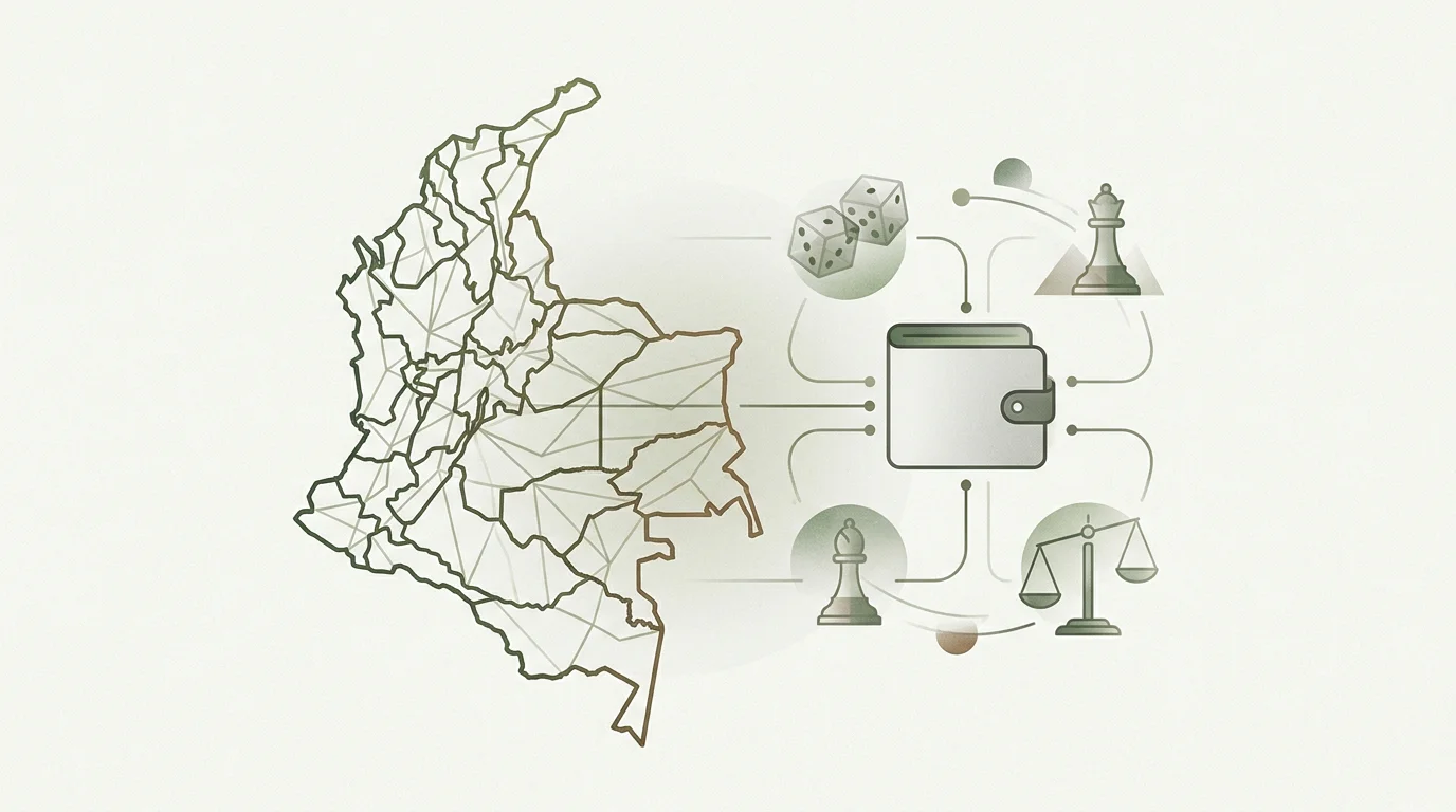 Ilustración editorial de Colombia, criptomonedas y juego online responsable